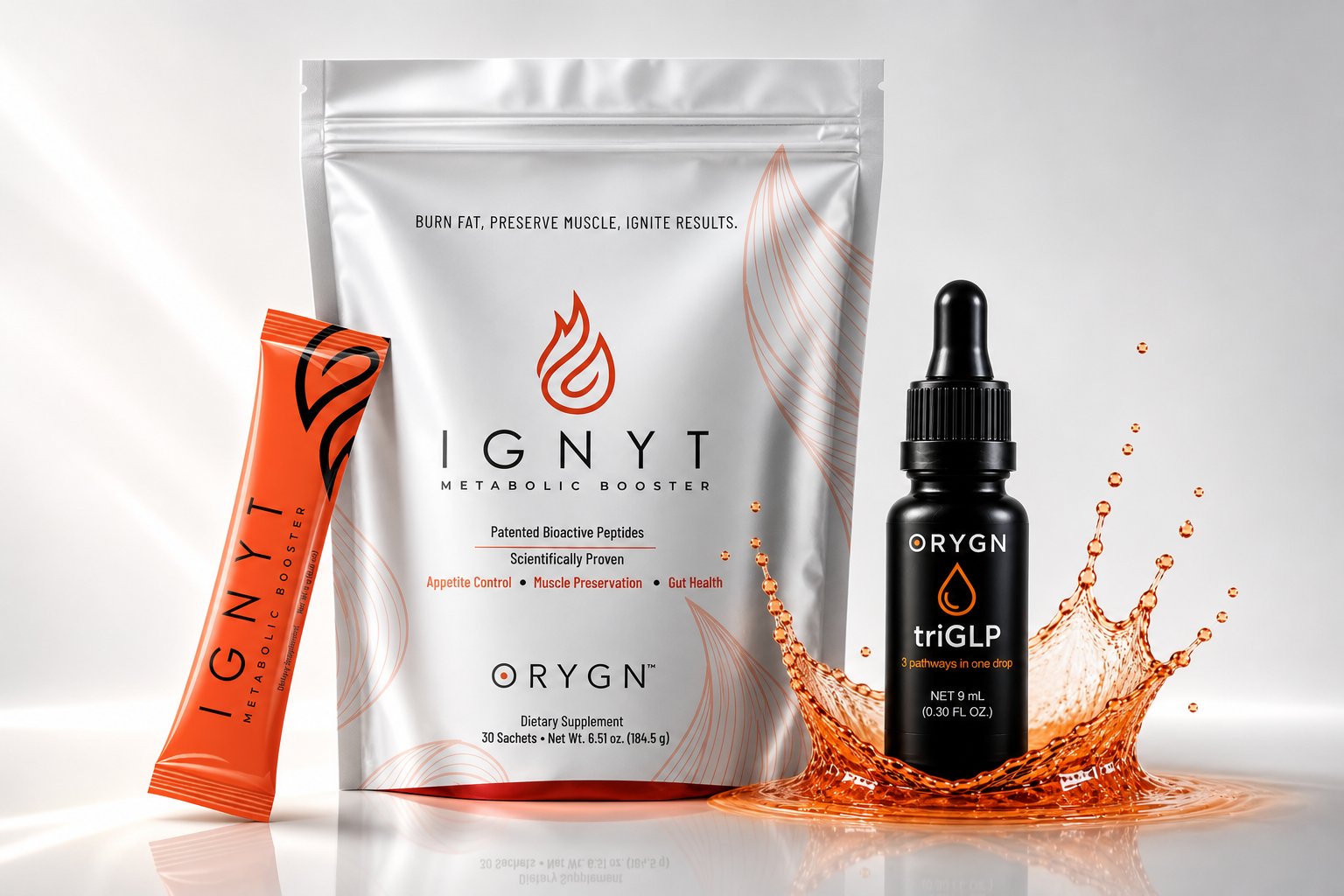 ORYGN triGLP dropper bottle and IGNYT metabolic booster